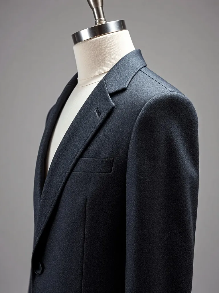 Detailed shot of a dark grey wool british style suit jacket