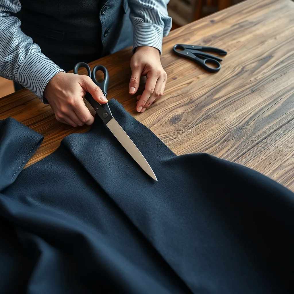 Tailor cutting fabric with large professional scissors on a