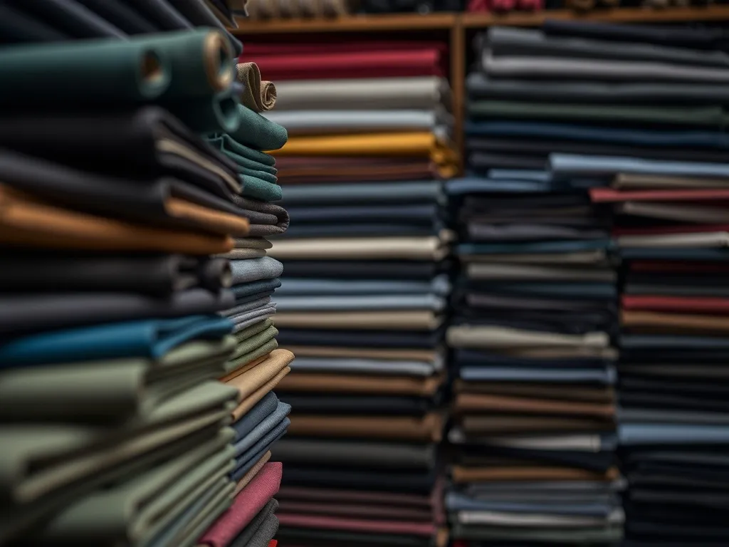 Stacks of premium fabric rolls in a tailor shop, organized b