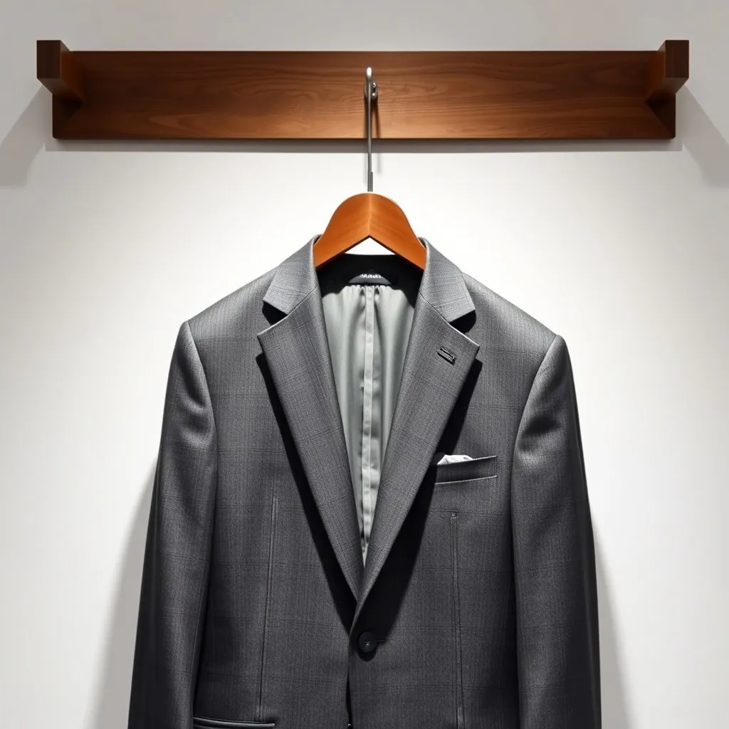 A finished bespoke suit hanging on a wooden hanger against a