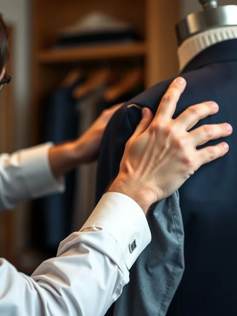 Tailor measuring the sleeve length of a navy wool suit jacke