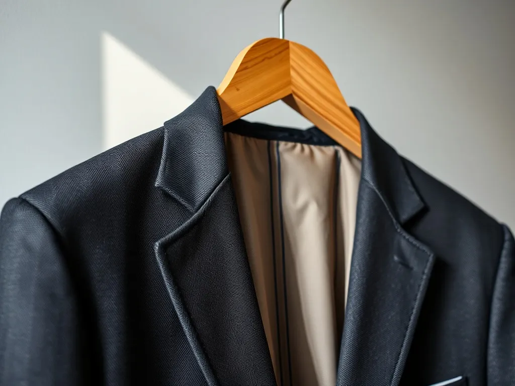 Close-up of a high-quality wool suit jacket hanging on a wid