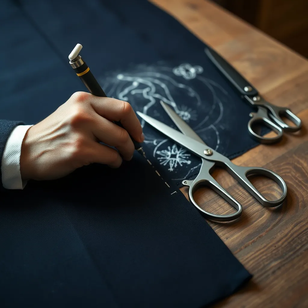 A close-up of a tailor marking dark navy blue wool fabric wi